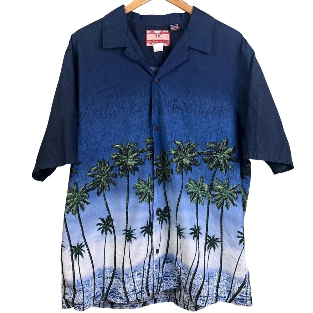 VTG RJC Hawaiian Short‎ Sleeve Palm Trees Ocean Graphic USA 2XL Tropical Cruise